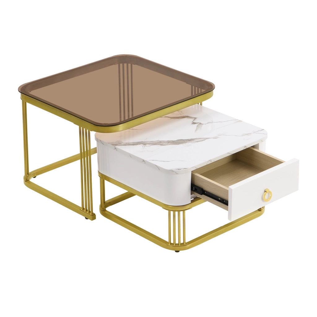 TAVOLINI DA SALOTTO Set 2 pezzi 60x60x44,5 cm + 50x50x34,5 cm MDF Bianco/Oro