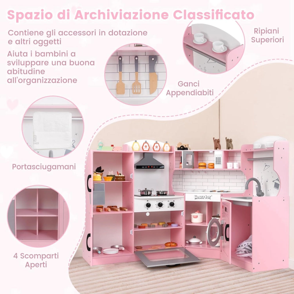 Set Gioco da Cucina per Bambini d'Angolo, Cucina Giocattolo in Legno con Macchina di Ghiaccio, Microonde, Lavatrice e Accessori, con Suoni e Luci, per Bambini 3-10 Anni (Rosa)