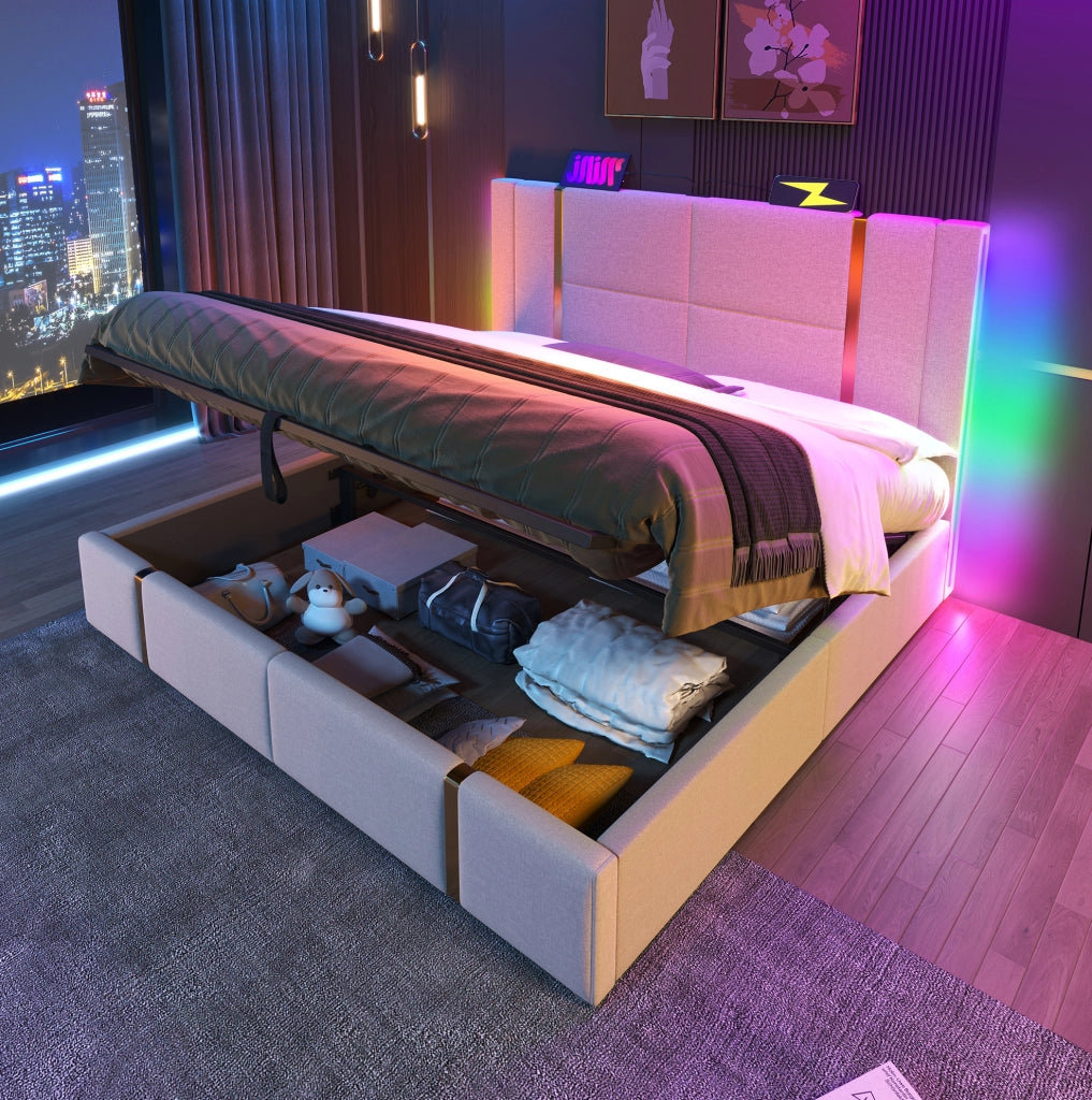Letto matrimoniale 160x200 cm con contenitore; LED RGB; USB e Type-C; beige in lino