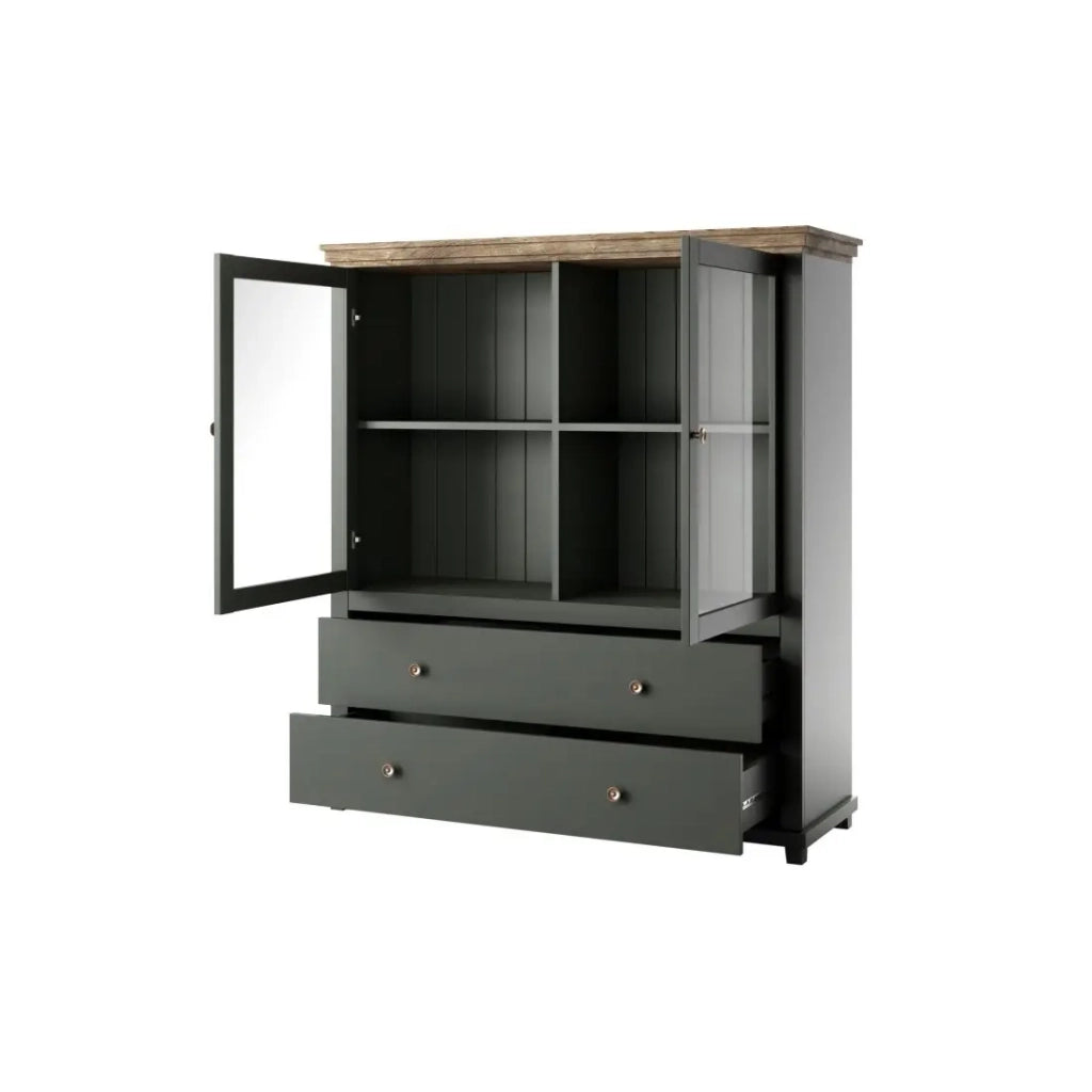 Credenza con LED integrati collezione ASSIA. Colori verde e rovere. 2 Porte e 2 Cassetti.