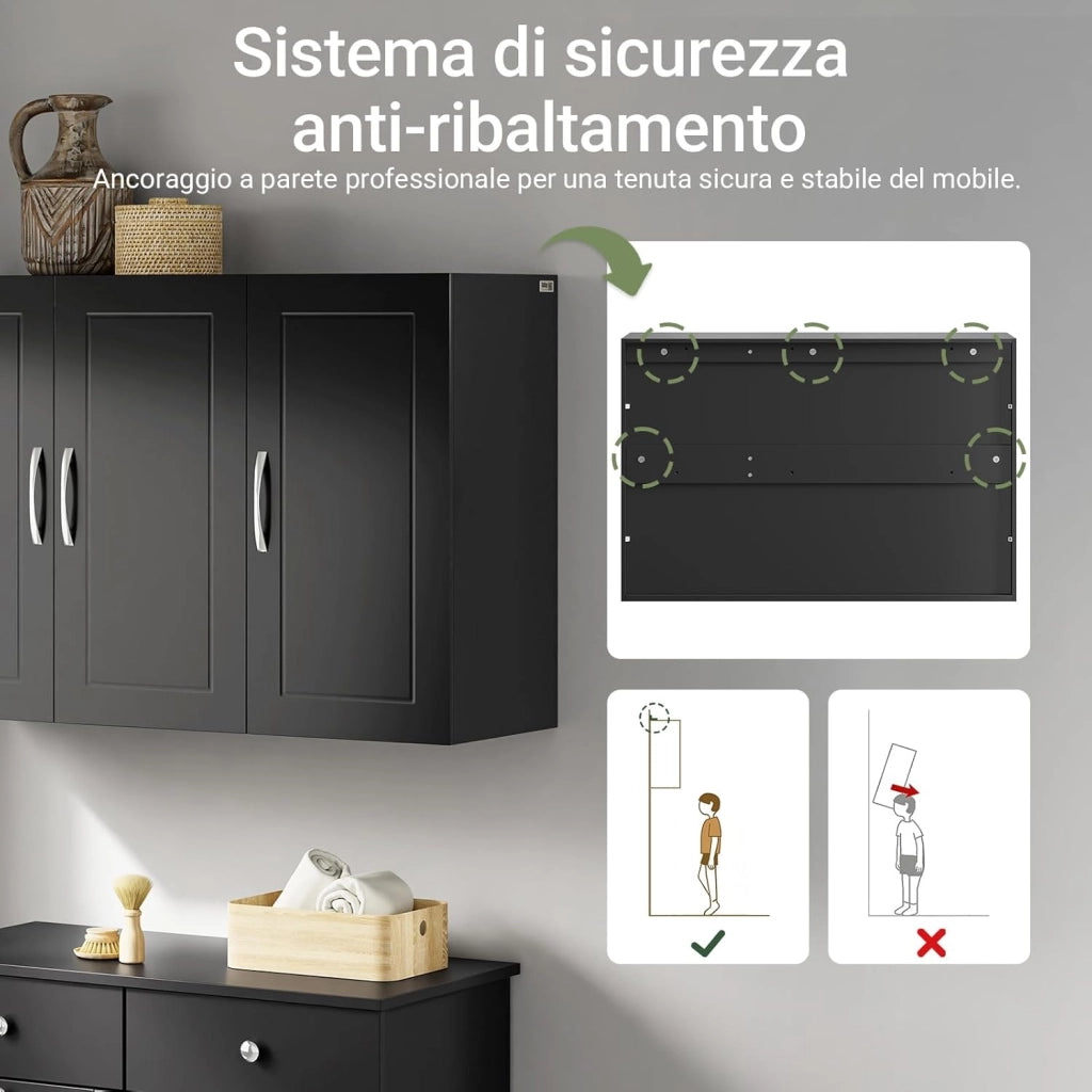 Pensile Bagno - Mobile Bagno Sospeso con Ripiani Regolabili - Mobiletto Salvaspazio per Cucina e Lavanderia - Armadietto Bagno a Parete Moderno, 90x30x60 cm, FRG231-L-SCH