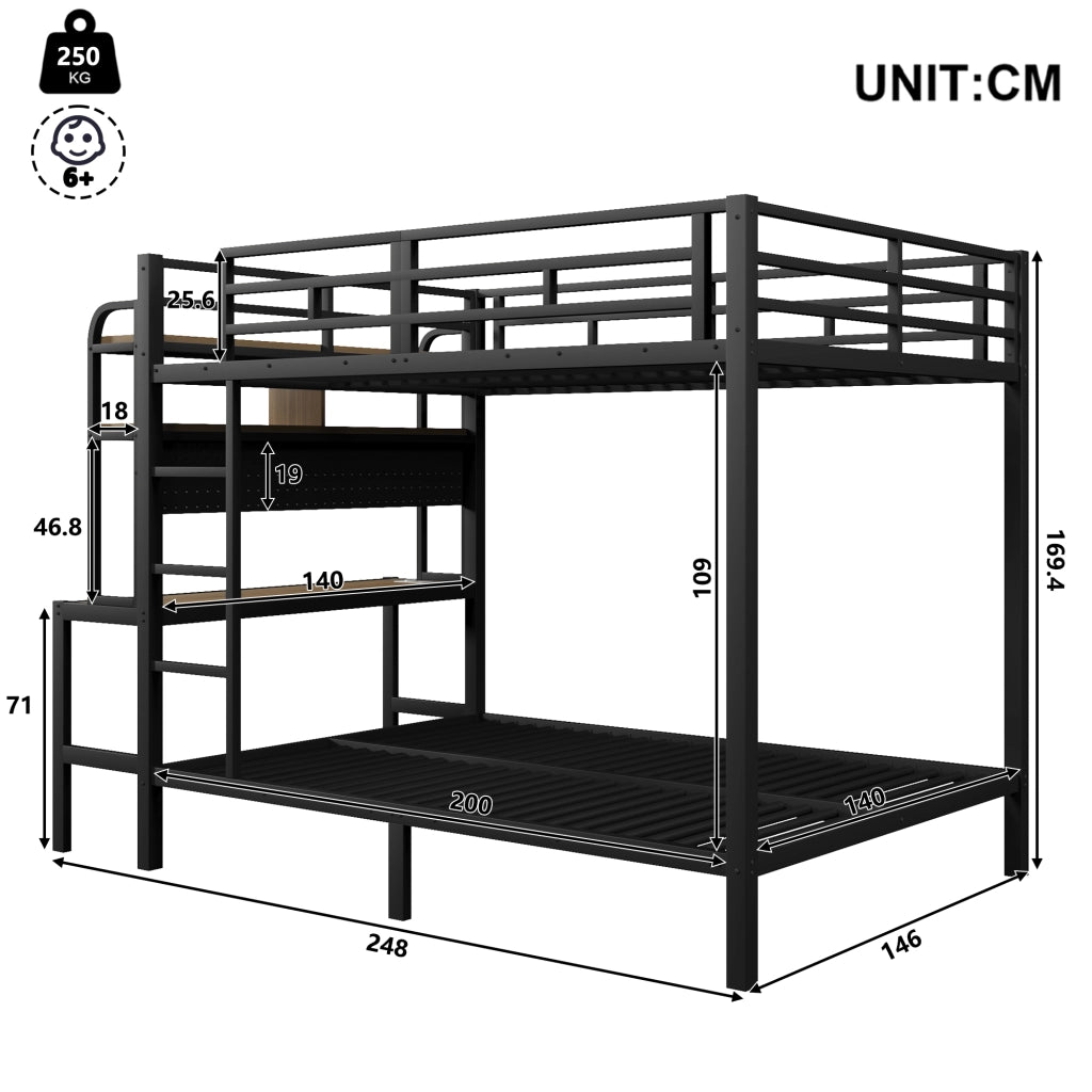 Letto a castello in metallo 140x200 cm con scrivania; vani portaoggetti; LED; USB; parapetto e scala; nero