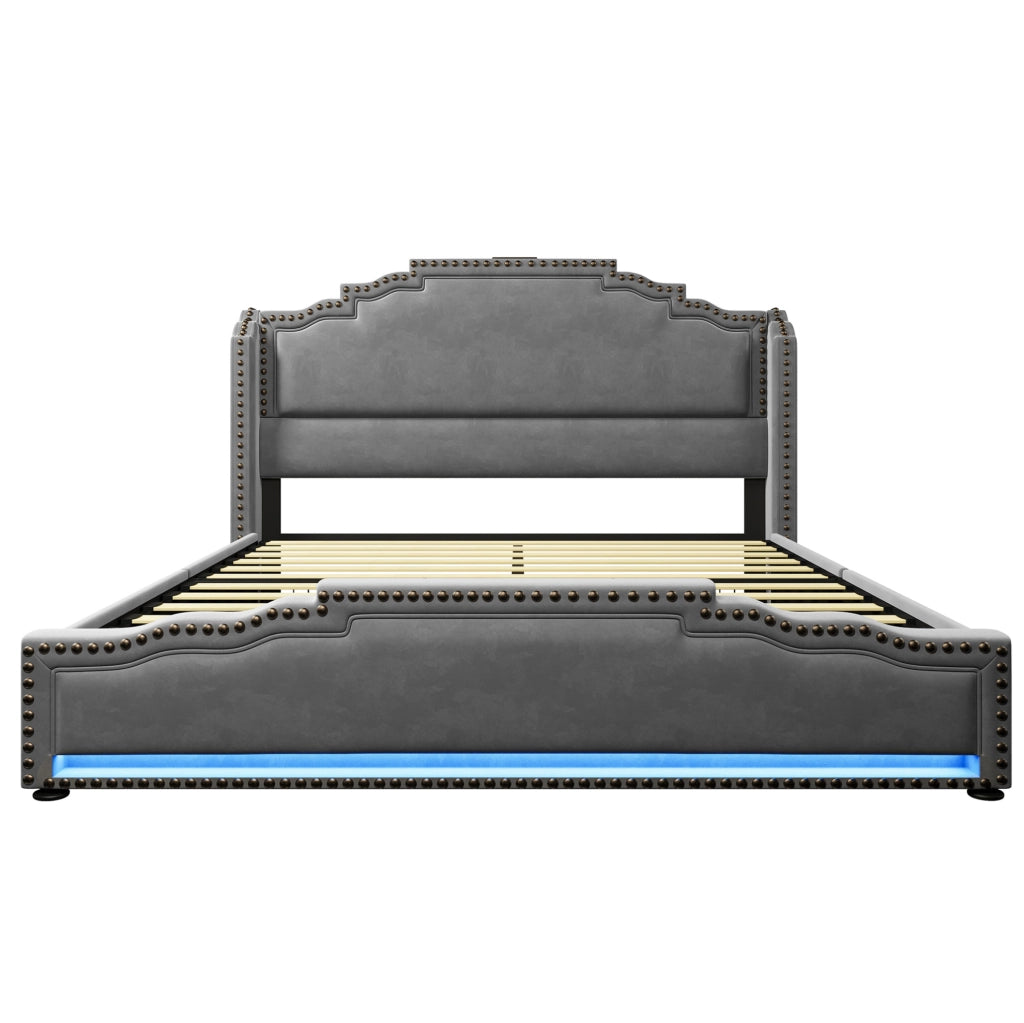 Letto imbottito 140x200 in velluto grigio con LED; USB-C e 4 cassetti