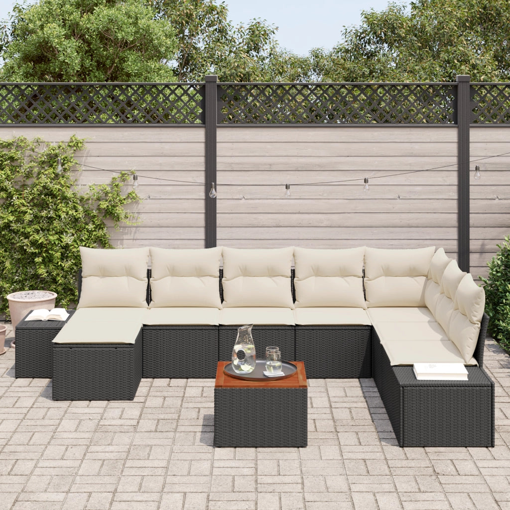 Set di SofÃ  da Giardino 9 Pezzi con Cuscini Neri in Polyrattan Acacia