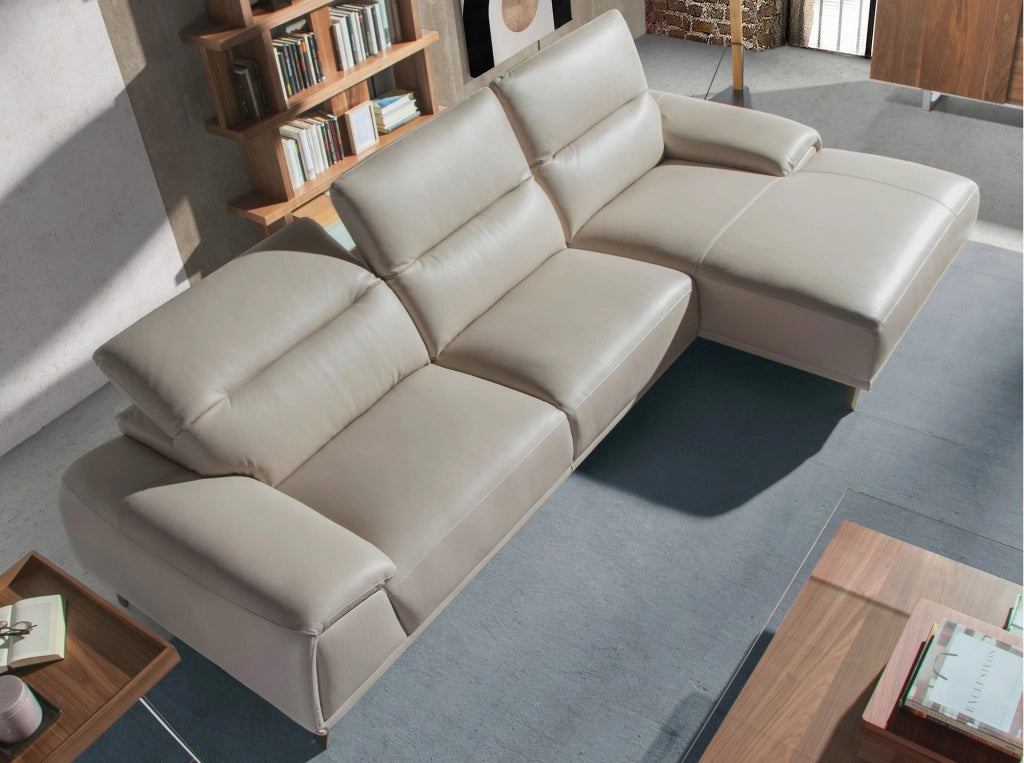 Divano chaise longue destro in pelle grigio tortora