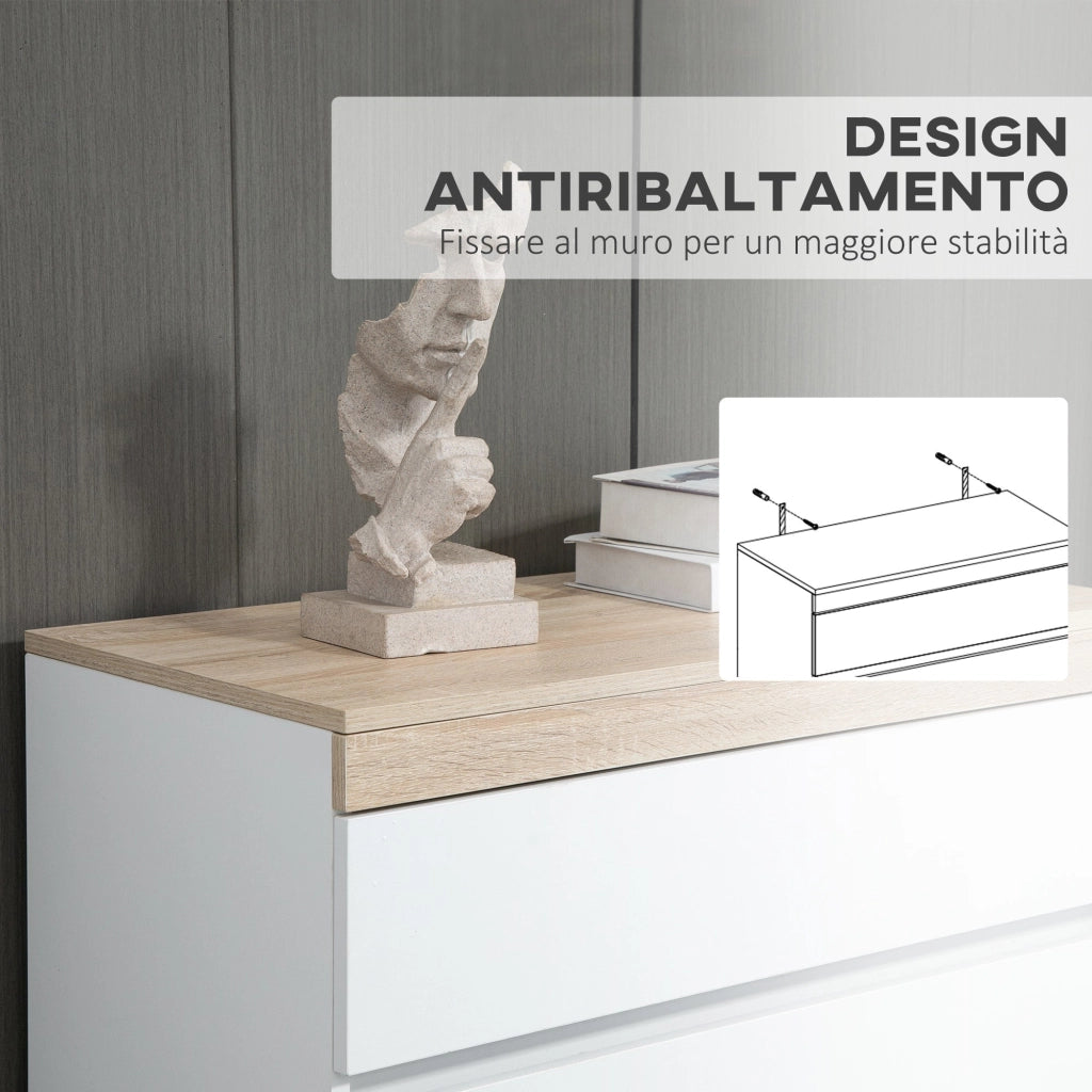 Cassettiera 5 Cassetti Design Minimal 80x40x109 cm Bianco e color Rovere