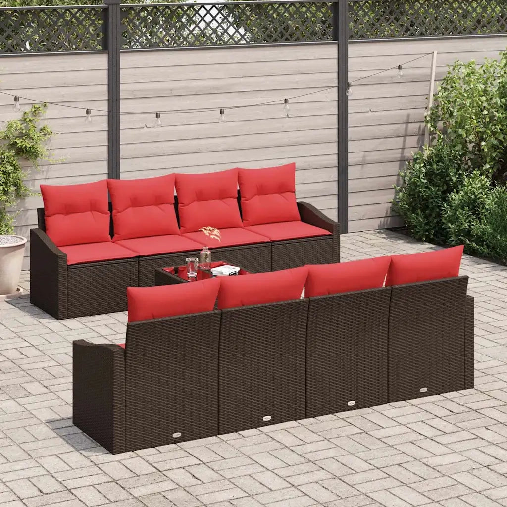 Set di divani 9 pz 3-Numero di posti Marrone e Rosso polyrattan 3346654
