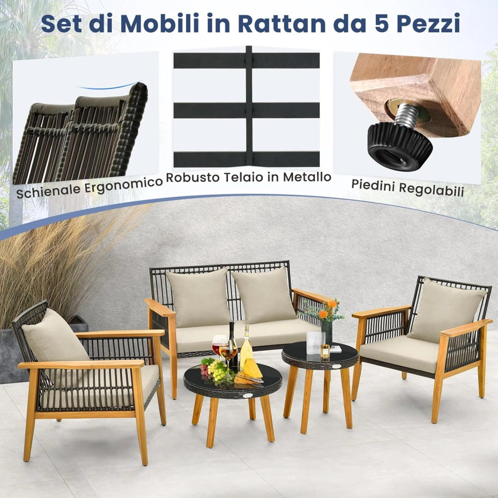 5 Pezzi Set da Conversazione da Giardino, Set di Sedie in Rattan con 2 Tavolini da Caffè, con Cuscini e Telaio Stabile in Legno di Acacia, per Giardino Cortile e Piscina