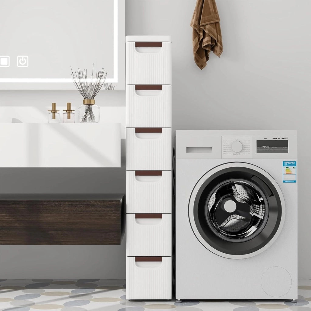 Mobiletto stretto con ruote, Carrello e organizzatore slim con 6 cassetti per spazi piccoli Bianco