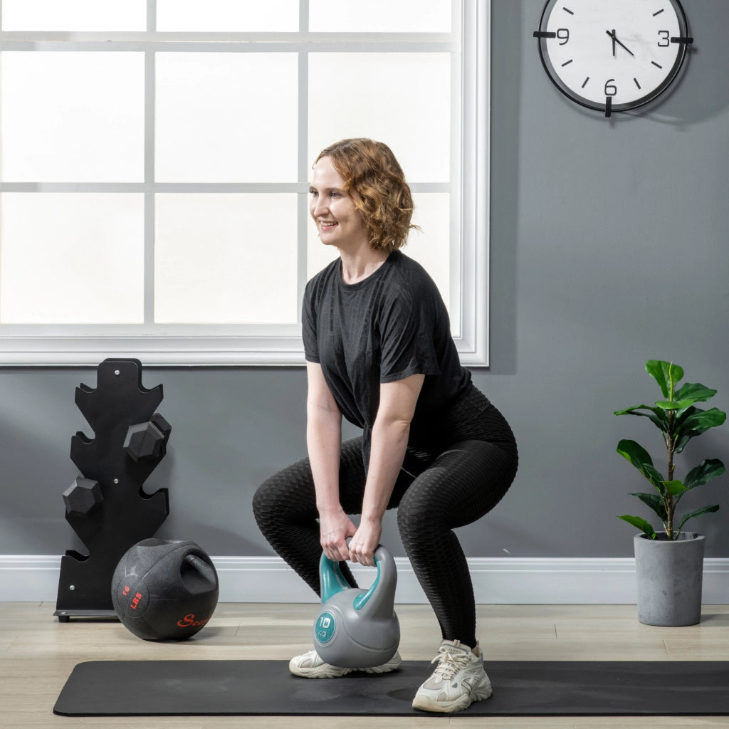 Kettlebell 10kg in PU e Sabbia con Base Piatta e Impugnatura per Stacchi, Squat e Sollevamenti, 22x16x26 cm, Verde Scuro