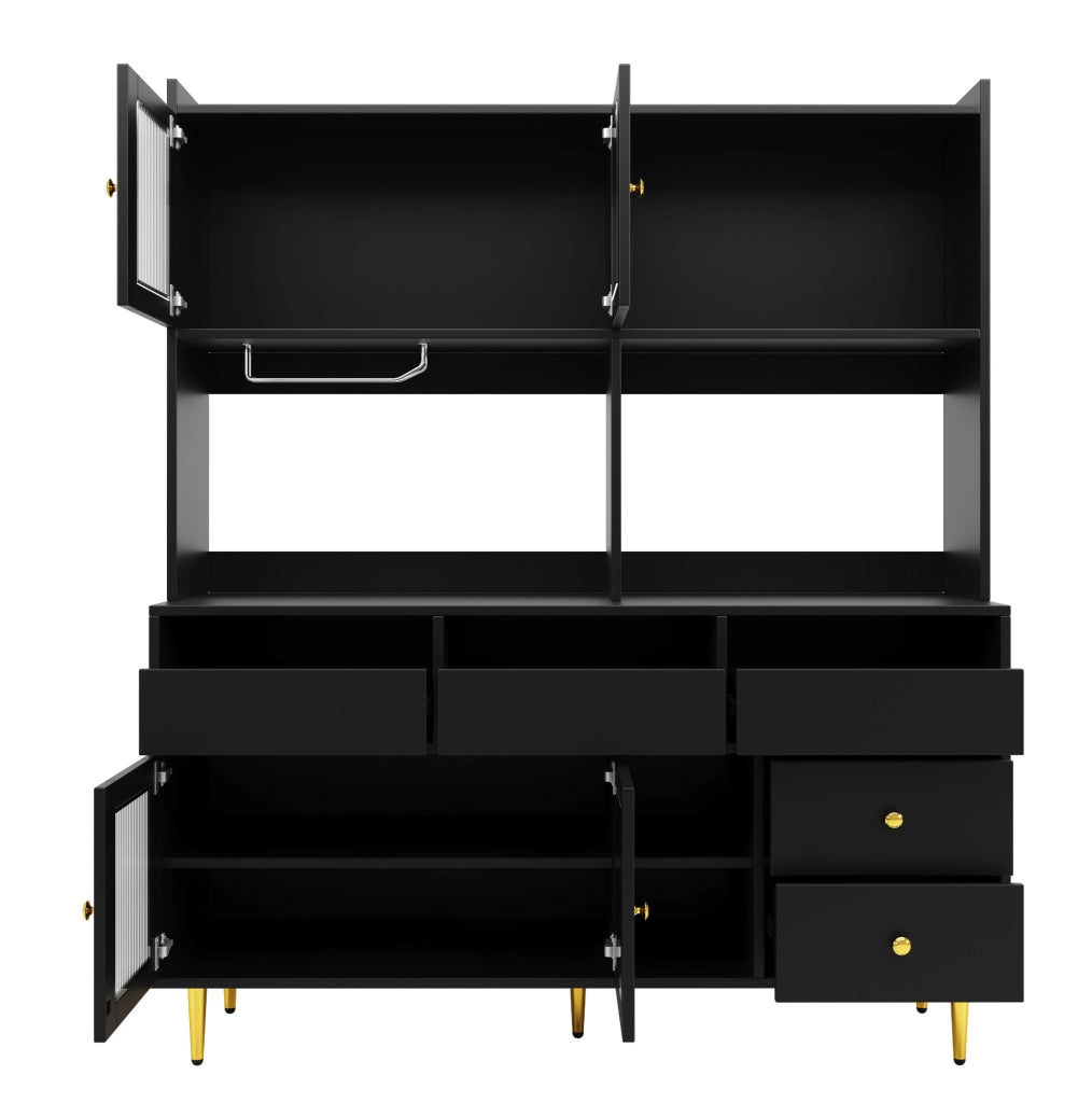 Credenza alta 145x39x171 cm con ante in vetro Changhong; portabottiglie e ripiani multipli in MDF nero