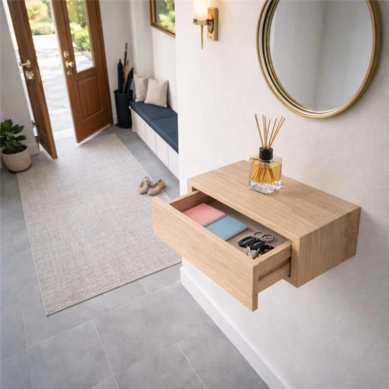 MENSOLA CON CASSETTO COLORE ROVERE SBIANCATO DA PARETE SISTEMA REGGIMENSOLA A SCOMPARSA 40 X 24 X 10 CM
