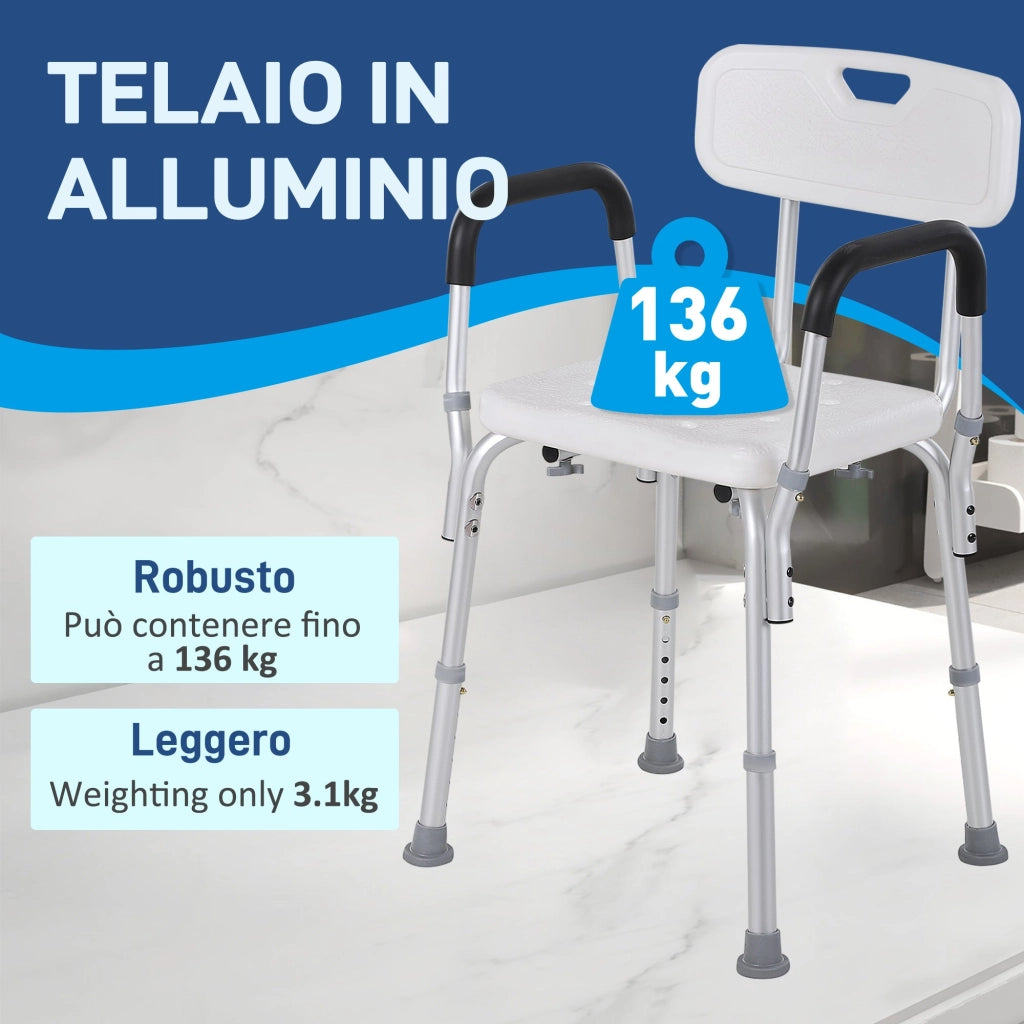 Sedia per Doccia 51,5x51,5x71-84 cm Altezza Regolabile e Piedini Antiscivolo in Alluminio Bianco