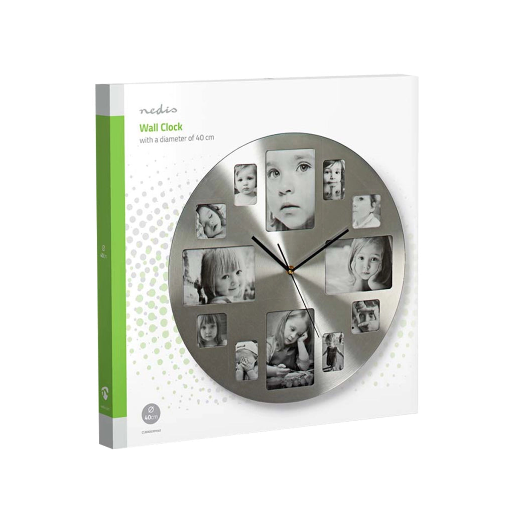 Orologio da Parete 40cm in Metallo con Cornici Foto Personalizzabili Integrate Argento Nedis