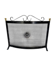 Parascintille per Camino Curvo in Ferro,Parafuoco con Pomelli in Ottone Made in Italy 60x46 cm