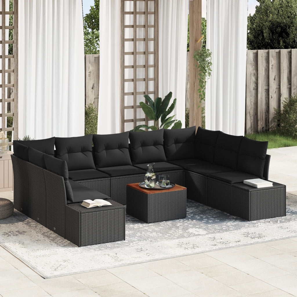 Set Divano da Giardino 10 Pezzi con Cuscini Nero Polyrattan Acacia