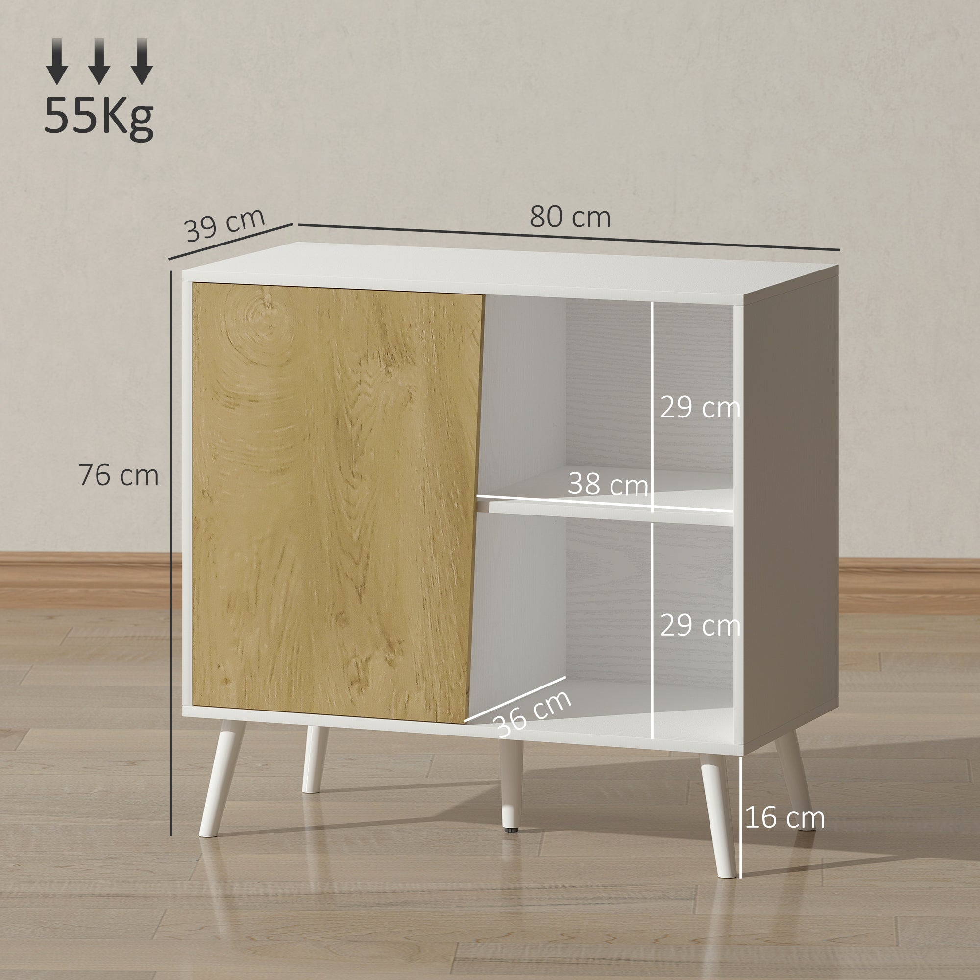 Credenza Moderna Mobile Basso 80x39x76 cm con Armadietto e Vani a Giorno in Legno Bianco