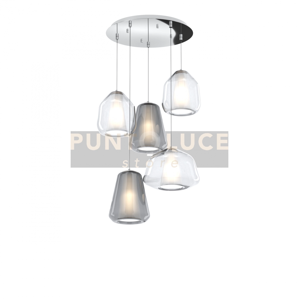SOSPENSIONE CROMO 5 LUCI TONDA VETRI (ALPHA TR) (BETA 2X TR) (GAMMA 2X FU) 1176CR-S5 T ABG-TF