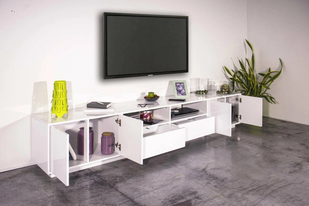 Mobile porta TV Albak, Credenza bassa da soggiorno, Base porta TV, 100% Made in Italy, cm 260x41h46, Bianco lucido
