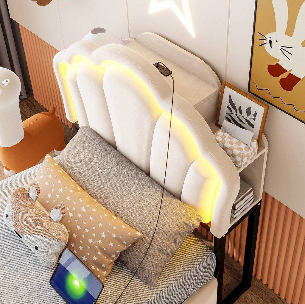 Letto imbottito beige 90x200 cm con contenitore idraulico, illuminazione LED e prese integrate