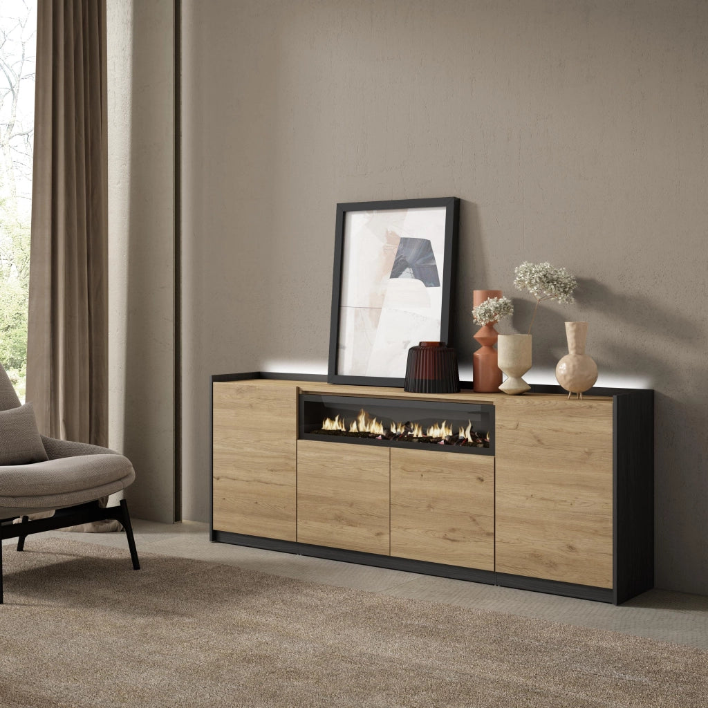 Credenza, Mobile, Cucina, 207x80x37 cm, 4 Porte, Camino elettrico, LED, Rovere e nero