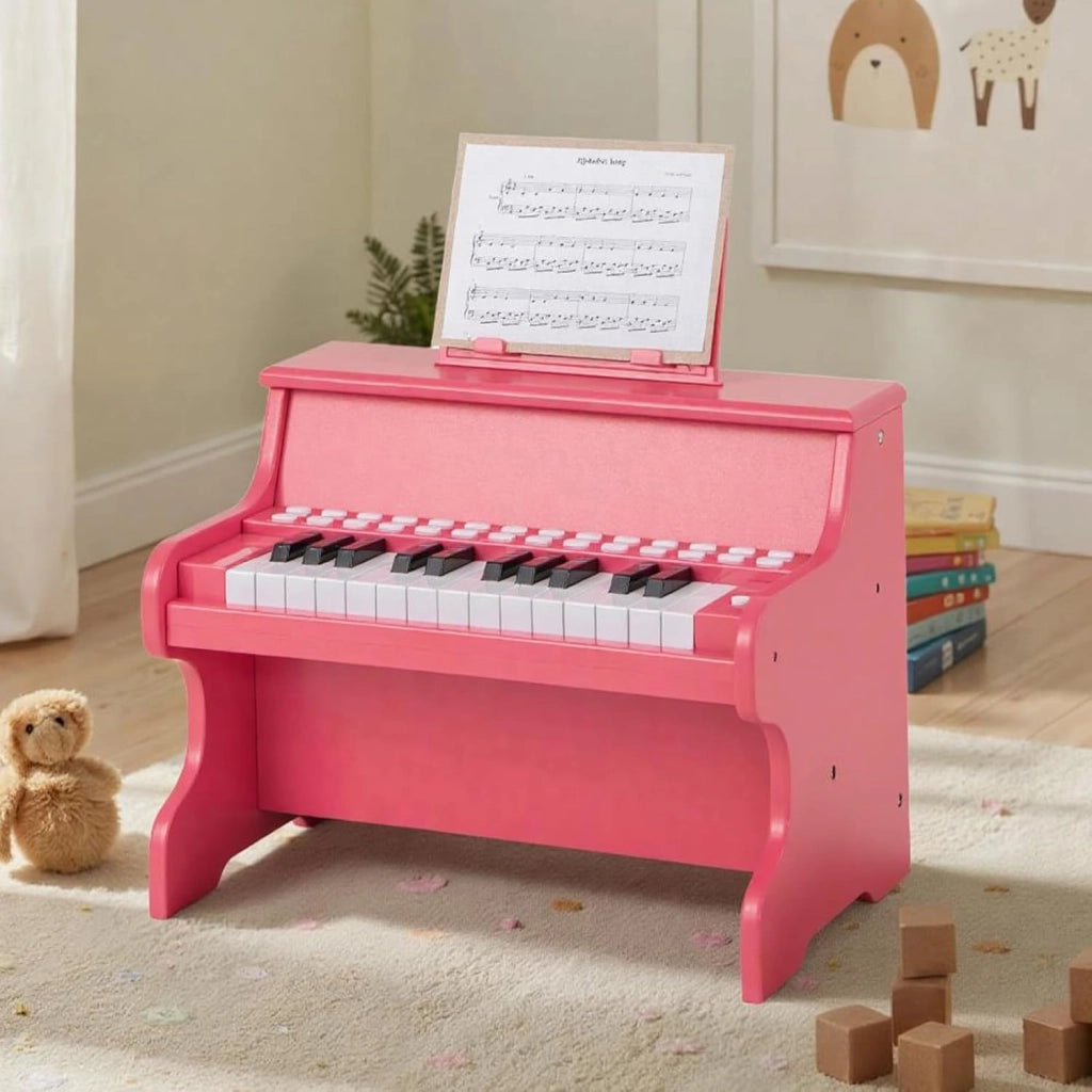 Pianoforte digitale a 25 tasti per bambini, pianoforte in legno con leggio, tasti illuminati, modalità didattica, 6 strumenti, 8 percussioni, tastiera per pianoforte con registrazione e