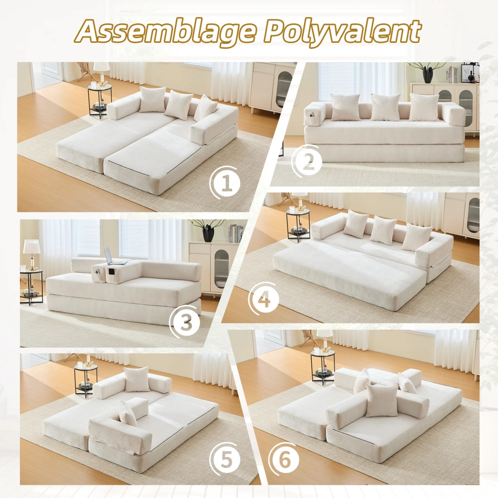Divano Modulare con Tasche Laterali, Cerniera, Base Antiscivolo, in Chenille Beige