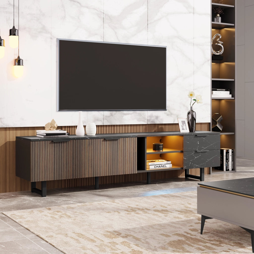 OKWISH Mobile TV con 2 Ante, 2 Cassetti, 2 Vani e LED, per Soggiorno, in MDF, Nero ed Effetto Legno, 200 x 38 x 50 cm