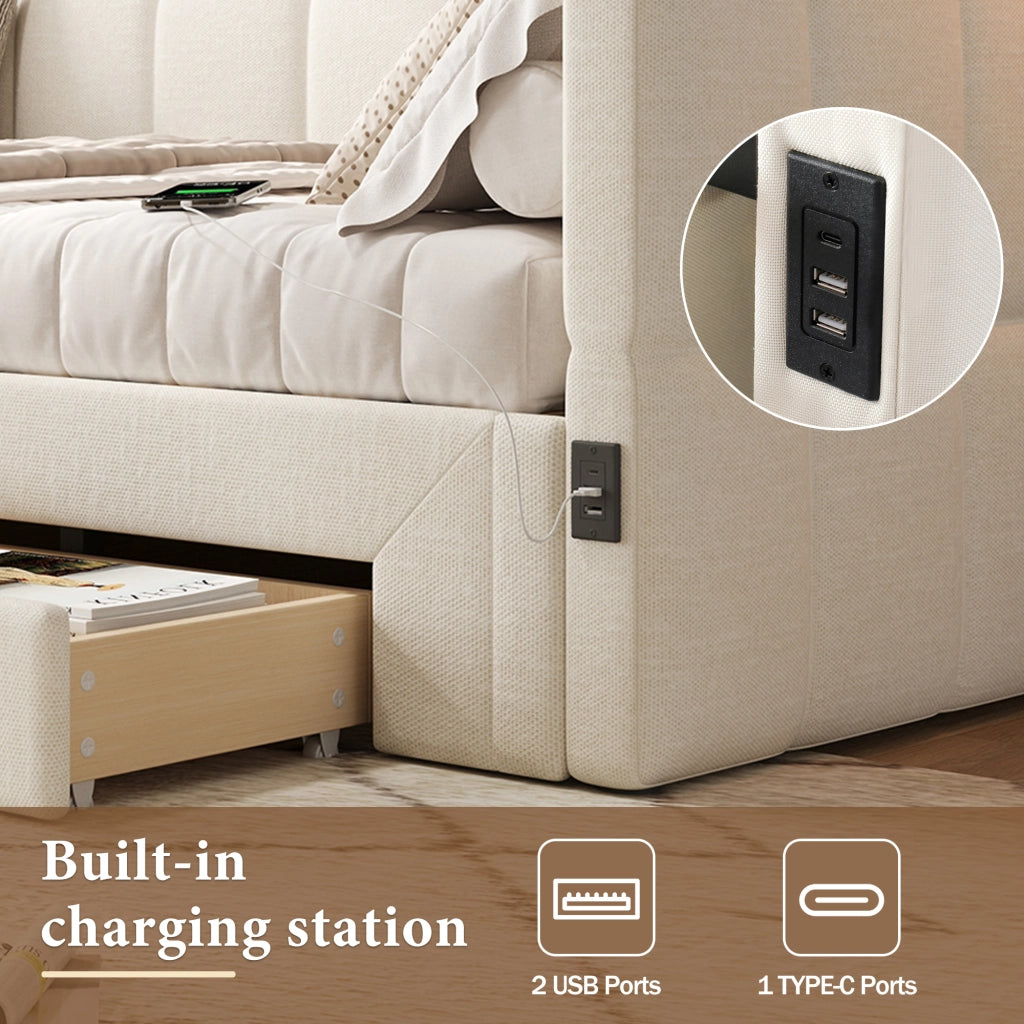 Letto Estraibile 90x200 cm e 180x200 cm con Cassetti; USB e Type-C in Lino Beige