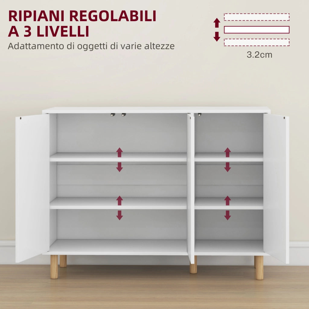 Credenza Moderna con 2 Armadietti a 3 Ripiani in Legno, 107x40x80 cm, Bianco
