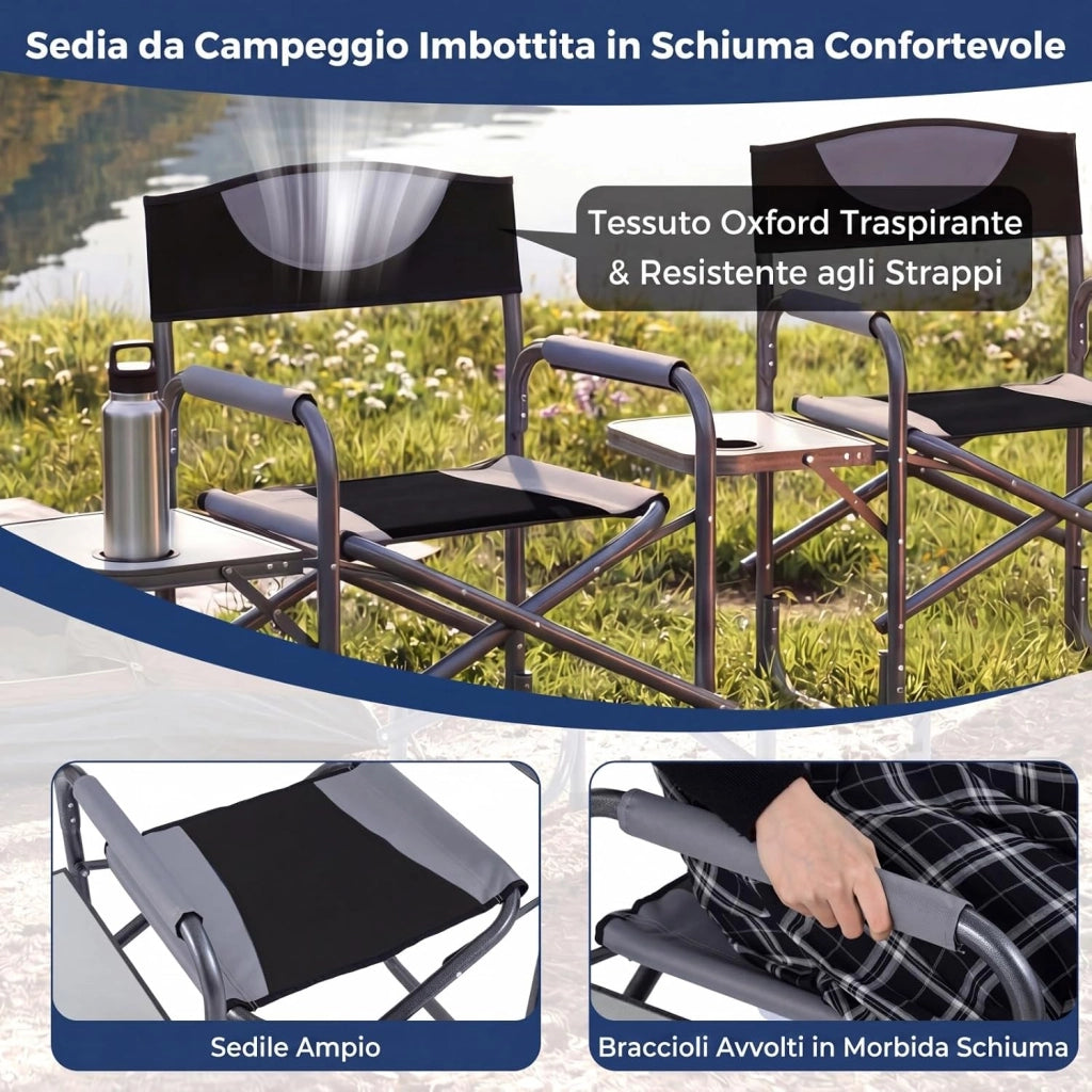 Sedia da Regista Imbottita con Tavolino, Ampio Sedile, Braccioli e Schienale, Sedia da Campeggio Pieghevole con Telaio Metallico per Eventi Sportivi e Pesca, Portata 180 kg (Nero)