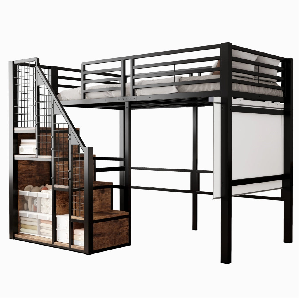 Letto a soppalco singolo 90x200 cm in metallo nero con scala e vano contenitore