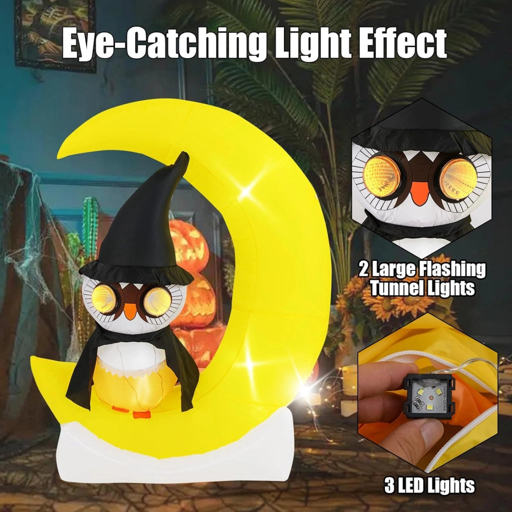Decorazione Halloween, gufo decorativo con luna gonfiabile, 130 x 60 x 155 cm, 3 luci a LED e 2 grandi luci lampeggianti, soffietto incluso, decorazione per Halloween all'aperto e interni