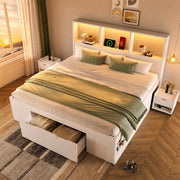DESMIU Letto Matrimoniale 140 × 190 cm con 2 comodini mobili, LED, USB e Type-C, senza materasso, bianco