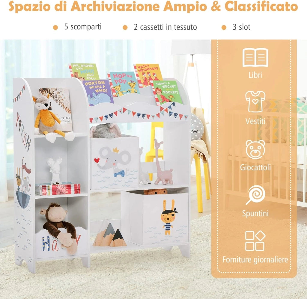 Armadio per Bambini, Scaffale di Legno con 3 Livelli e 5 Scompartimenti, 2 Cassetti in Tessuto e 3 Spazi per Giocattoli e Libri, Scaffale Verticale per Bambini, Bianco (Pirata Animale)