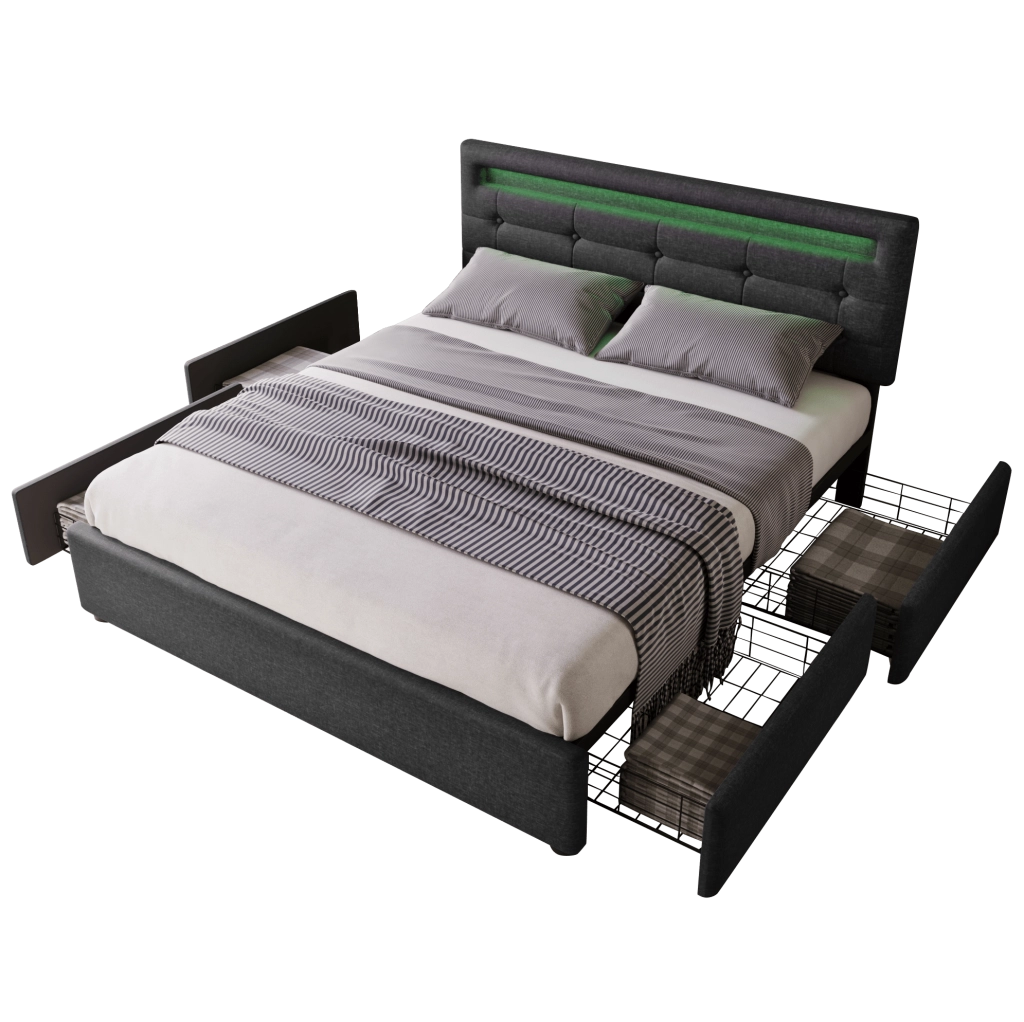Letto matrimoniale 140x200 cm con LED; 4 cassetti; testiera regolabile; tessuto lino nero