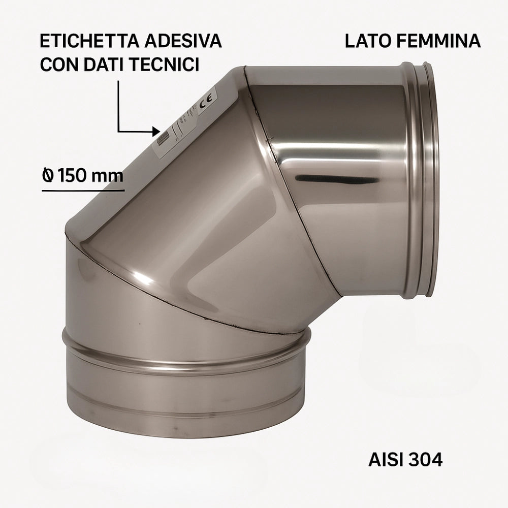 Curva 90° acciaio inox Ø 150 mm spessore 0,5 mm canna fumaria monoparete