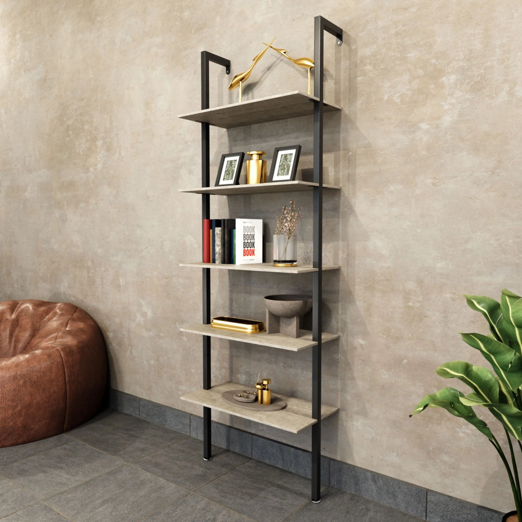 Komo - Scaffale Libreria a Muro 60x185x30 cm 5 Ripiani in Legno Bleach Struttura in Metallo Nero