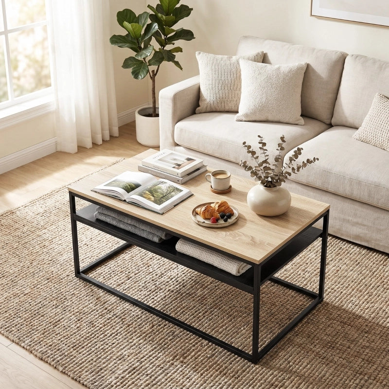 Tavolino da caffè moderno con ripiano inferiore, effetto rovere, 100 x 59,8 cm