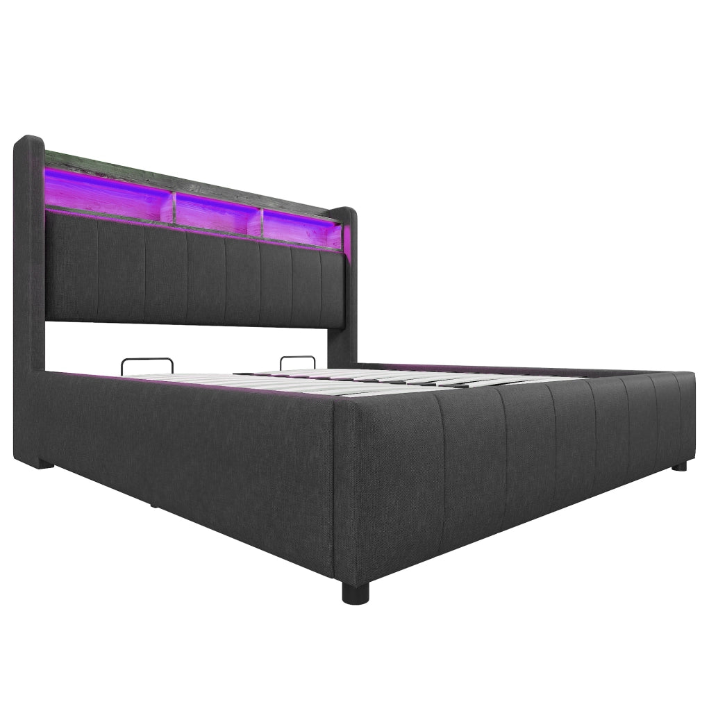 Letto imbottito 160x200 cm grigio con LED; USB; porta Type-C e contenitore idraulico