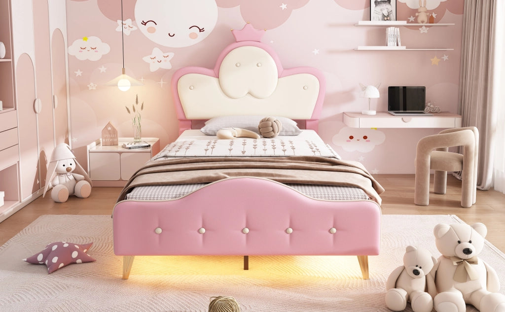 DESMIU Letto per bambini 1 posto con LED e bordi imbottiti 90 × 200 cm, senza materasso, in PU, rosa e bianco