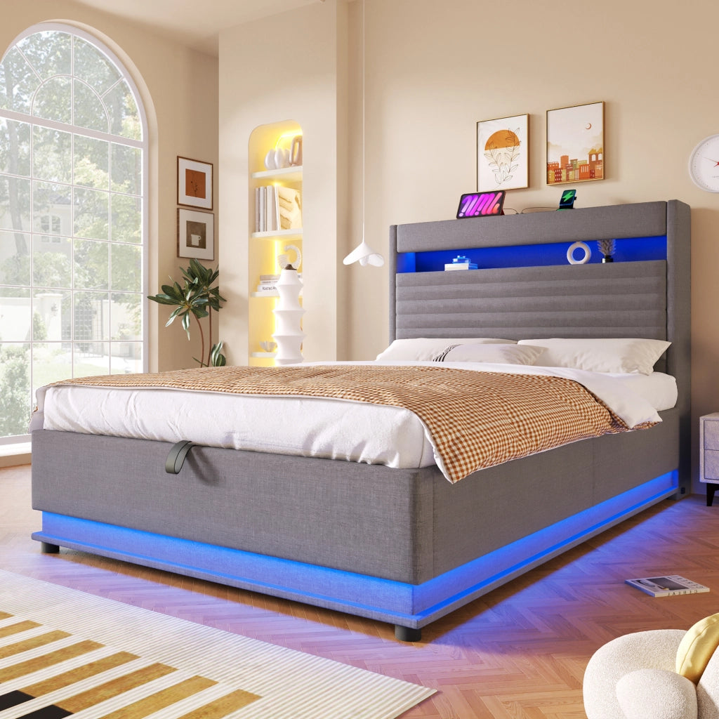 Letto Contenitore Letto Matrimoniale 140x200 cm con USB; Type-C; LED; in Lino Grigio
