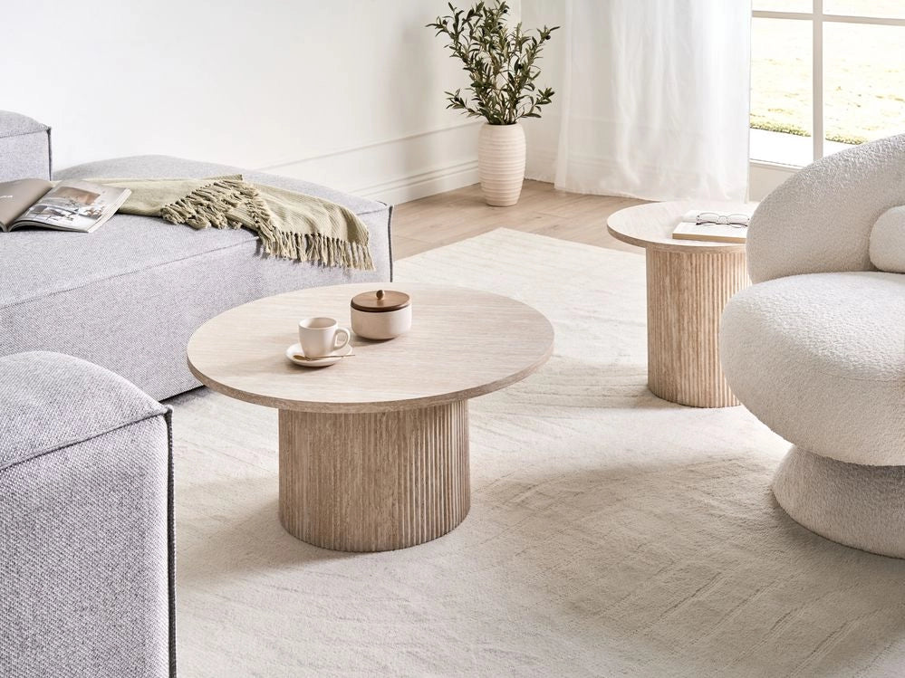 Tavolino con piano in MDF impiallacciato Base in pietra ø 80 cm Beige Design moderno Soggiorno