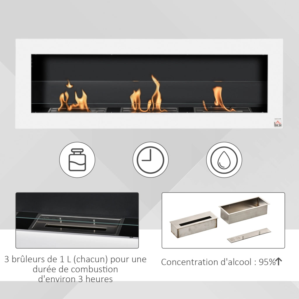 Caminetto a bioetanolo murale 3 bruciatori ¨C zephmum ¨C acciaio inox bianco 120x15x40 cm