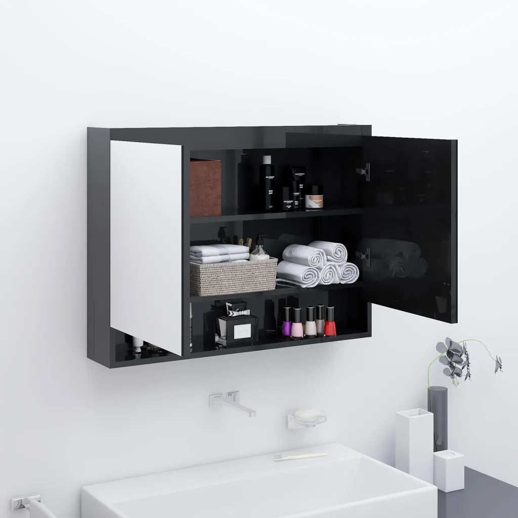 Armadietto a Specchio per Bagno 80x15x60 cm MDF Nero Lucido cod mxl 77834