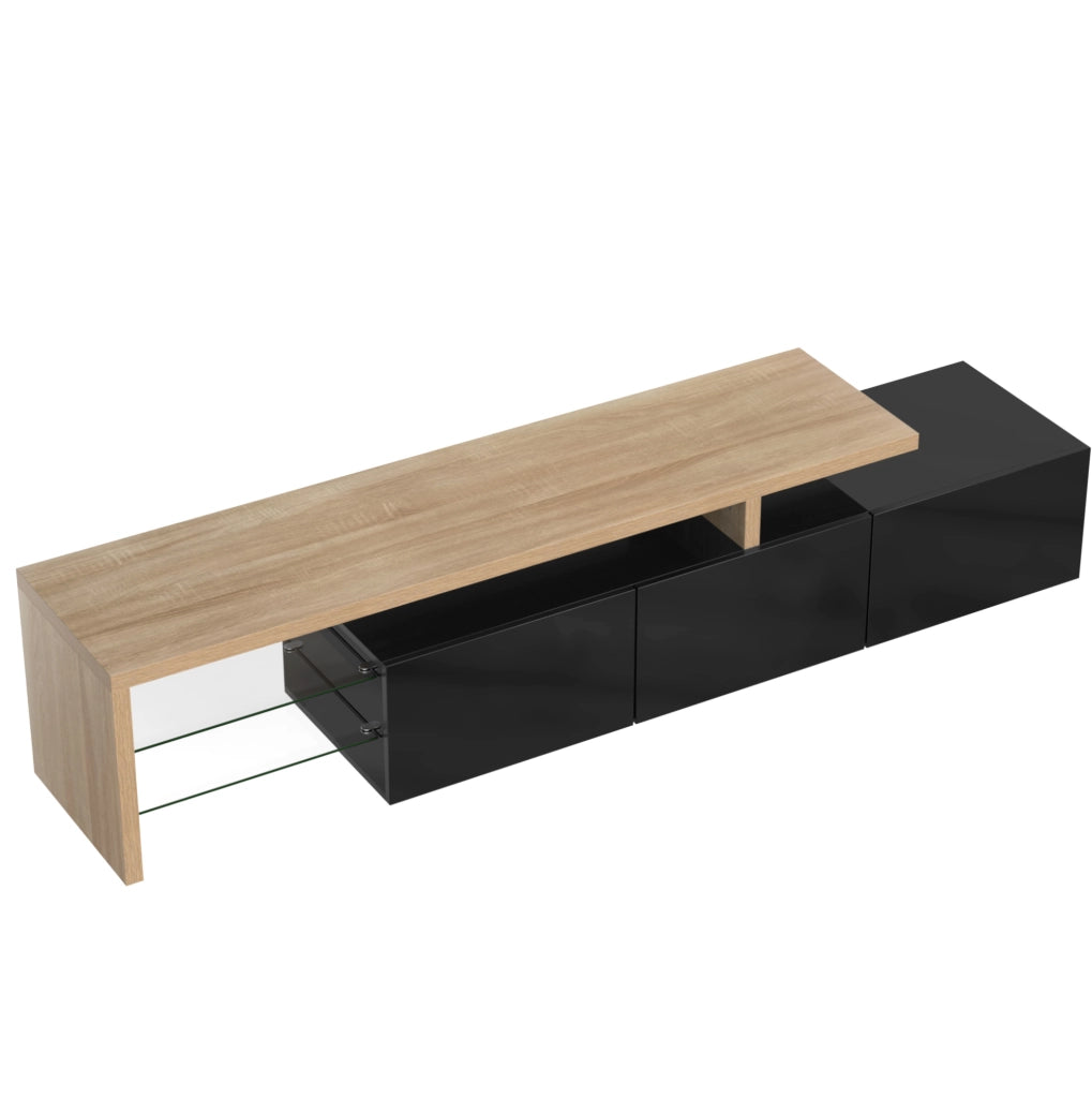 Mobile TV 197;5 cm in MDF e vetro; 3 scomparti; LED a 7 colori con app; nero e legno