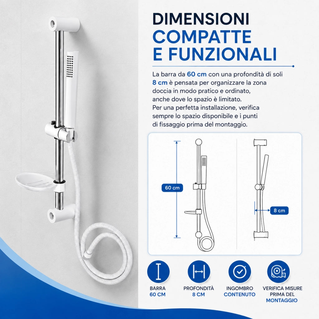 Saliscendi Bianco Silver 60 cm Doccino Portasapone Flessibile 150 cm 94419