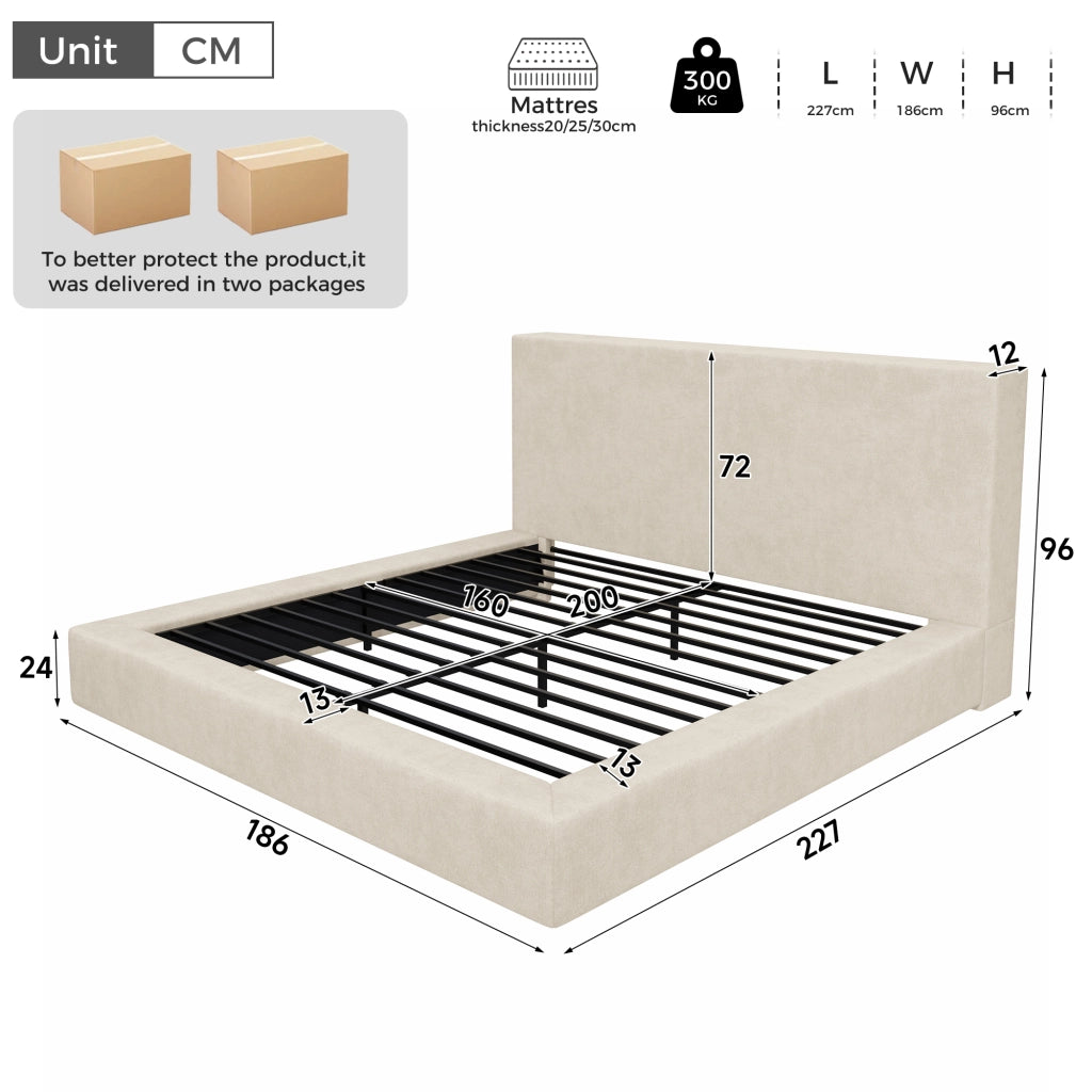 Letto matrimoniale imbottito 160x200 cm con rete a doghe e testiera capitonné; rivestimento in ciniglia; beige