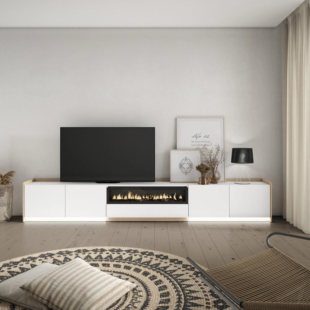 Mobile TV Soggiorno, 310x50x37 cm, Per TV fino a 80", Camino elettrico, LED, Bianco e Rovere soft