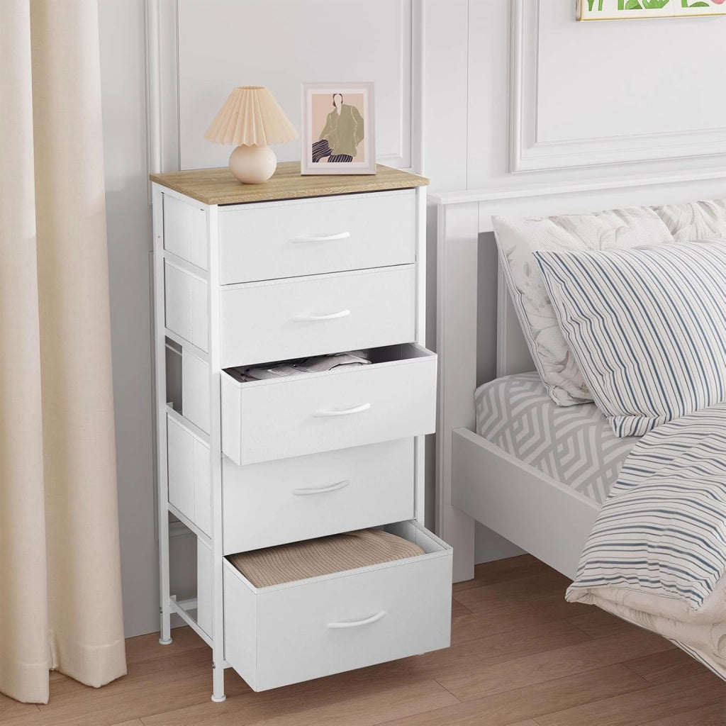 Cassettiera Camera da Letto in Tessuto, Cassettiera a 5 Cassetti, Mobile con Cassetti per Corridoio, Cameretta, Soggiorno, Bianco Nuvola + Beige Rovere